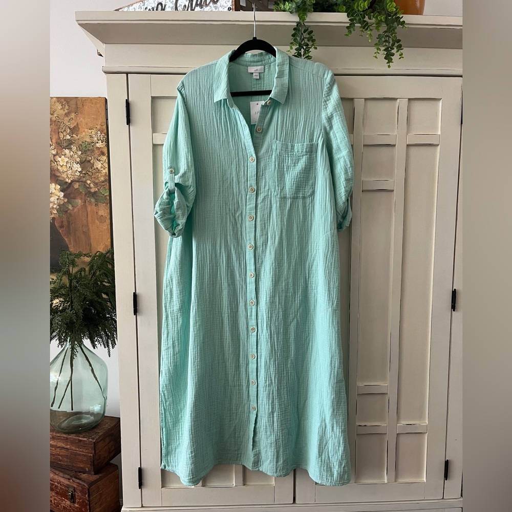 J. JILL MIDI GAUZY BUTTON UP DRESS MINT GREEN 3/4 SLEEVES ROLL UP/DOWN NWT L